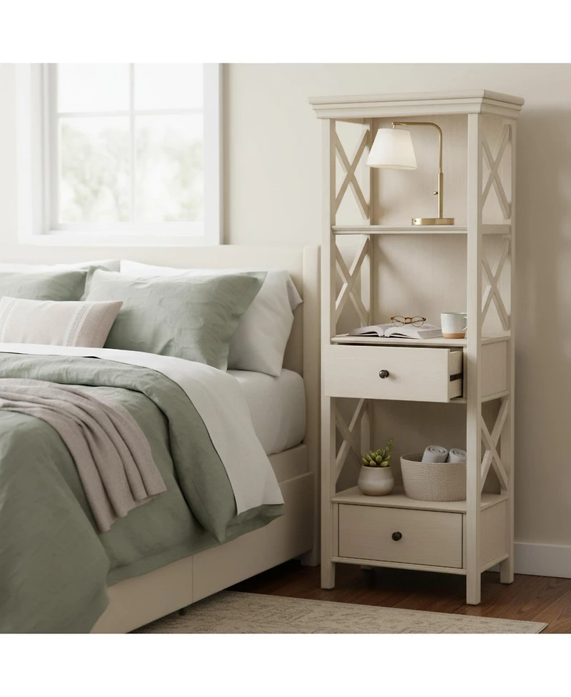 Yigii Cottage Chic Display Cabinet Bookcase Antique White Engineered Wood 3 Shelves 2 Drawers Lattice Sides Crown Moulding