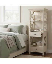 Yigii Cottage Chic Display Cabinet Bookcase Antique White Engineered Wood 3 Shelves 2 Drawers Lattice Sides Crown Moulding