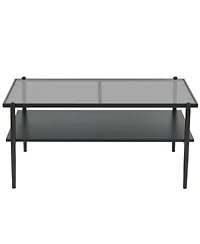 Rainsken Rectangle 2 Tier Coffee Table, Center Table with Tempered Glass Top and Wood Storage Shelf for Living Room
