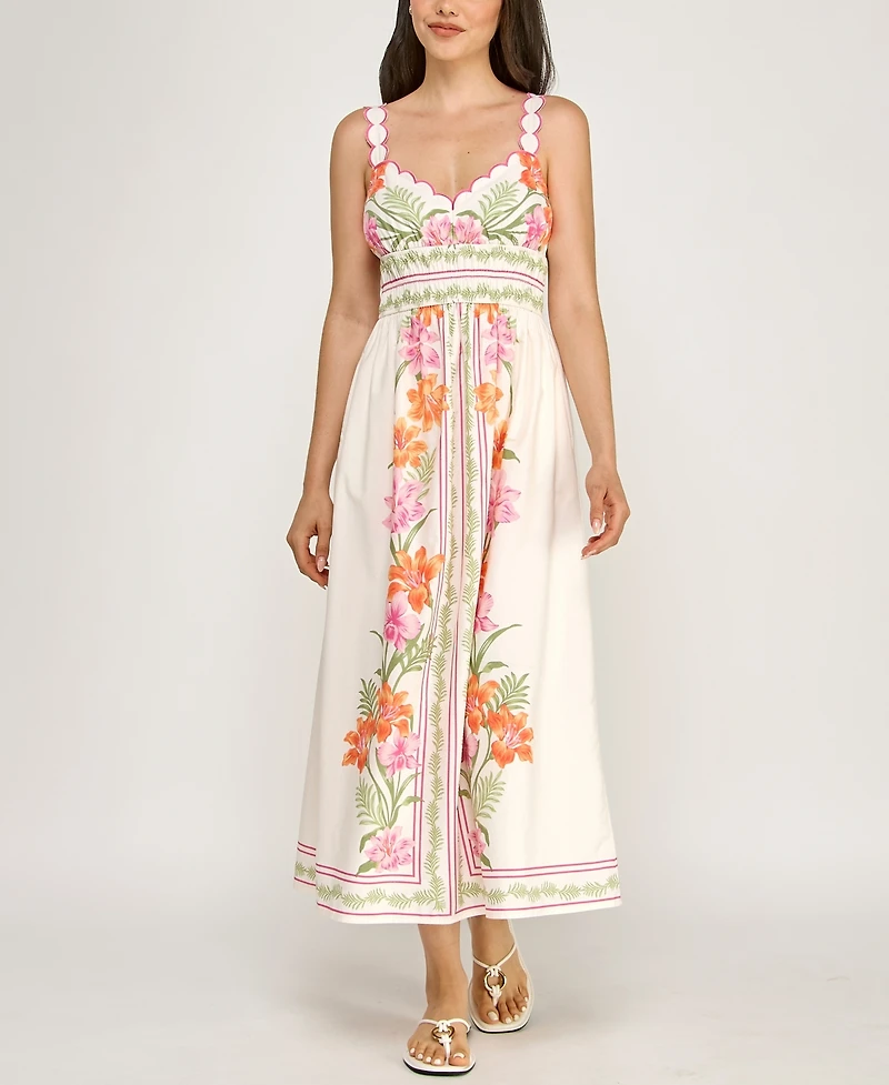 Row A Juniors' Sleeveless Scallop Strap Ruched Waist Midi Dress