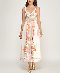 Row A Juniors' Sleeveless Scallop Strap Ruched Waist Midi Dress