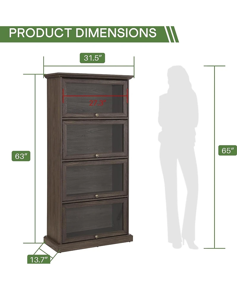 Rainsken Display Cabinet with 4 Flip up Glass Doors, 4-Tier Versatile Storage Organizer, Antique Bookcase for Living Room