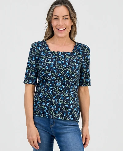 Style & Co Petite Flower Field Elbow-Sleeve Scalloped Square-Neck Top, Macy's Exclusive
