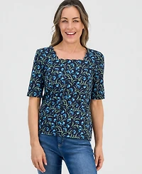 Style & Co Petite Flower Field Elbow-Sleeve Scalloped Square-Neck Top, Macy's Exclusive