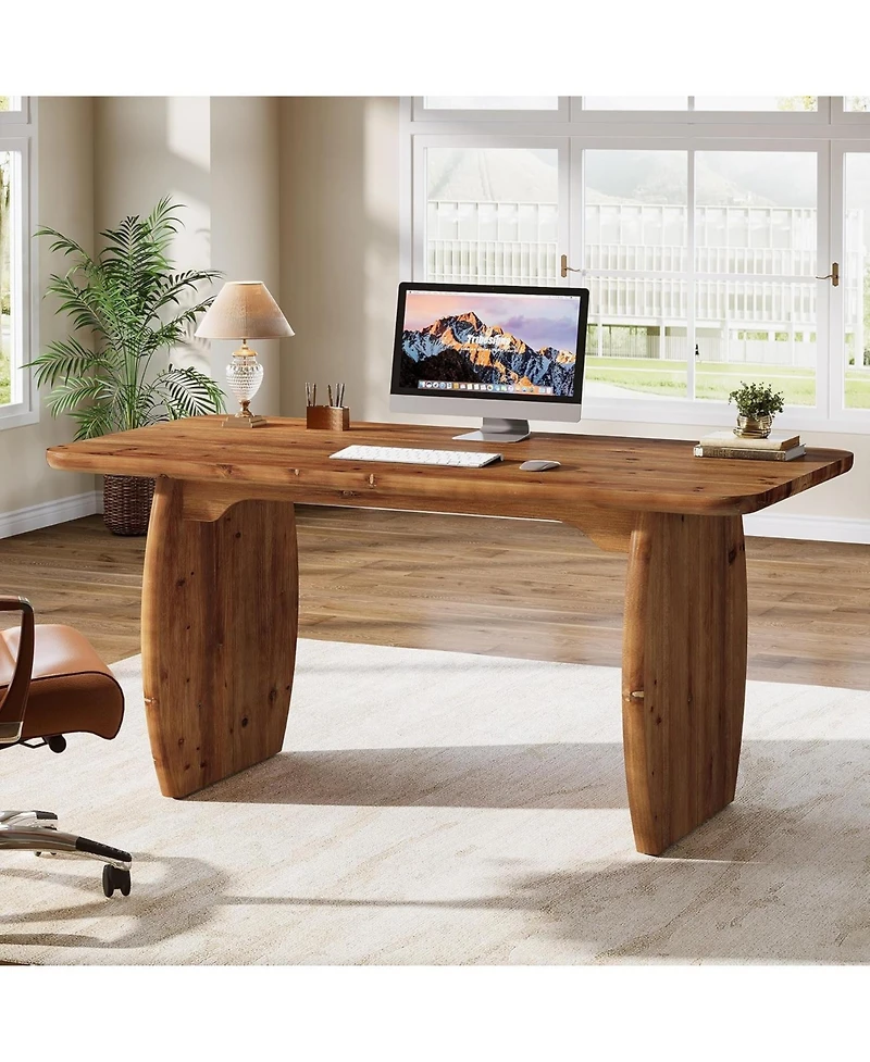 Tribesigns 63-Inch Solid Wood Executive Desk, Large Office Computer Desk with Sturdy Wooden Legs, Farmhouse Writing Table