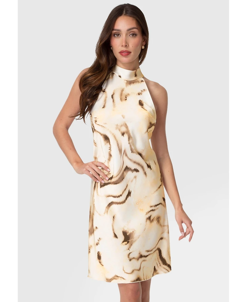 Bebe Women's Animal Satin Mock Neck Dress with Bow Back