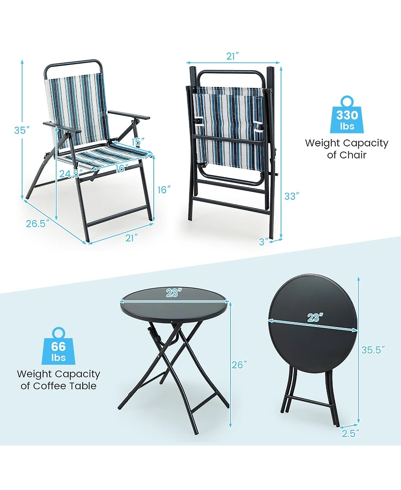 Gymax 3 Pieces Patio Folding Chair Set w/ 2 Chairs and Glass Round Coffee Table Porch Deck Backyard