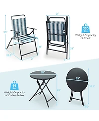 Gymax 3 Pieces Patio Folding Chair Set w/ 2 Chairs and Glass Round Coffee Table Porch Deck Backyard