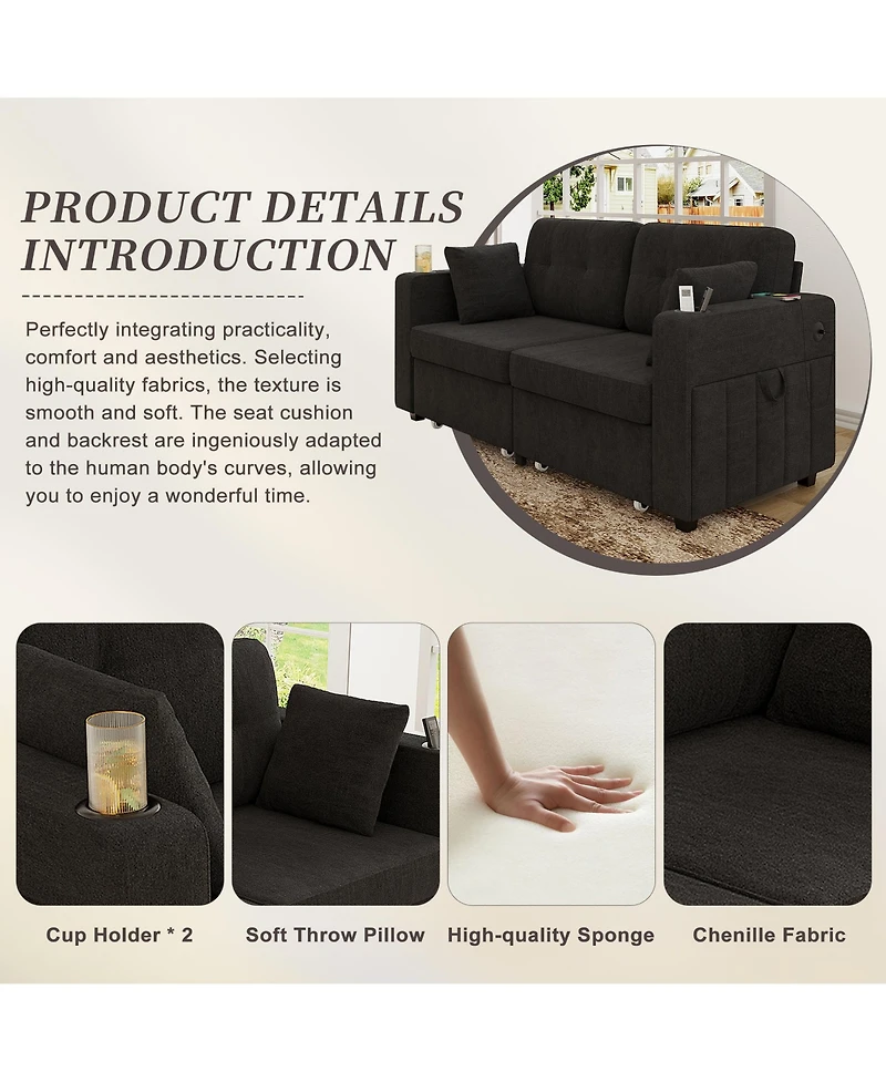 Rainsken Modern 2-Seater Chenille Couch, 67 Inch Loveseat Sofa with Usb Ports, Cup Holders, Storage and Solid Wood Frame for Living Room