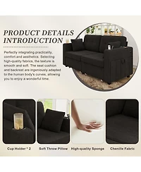 Rainsken Modern 2-Seater Chenille Couch, 67 Inch Loveseat Sofa with Usb Ports, Cup Holders, Storage and Solid Wood Frame for Living Room