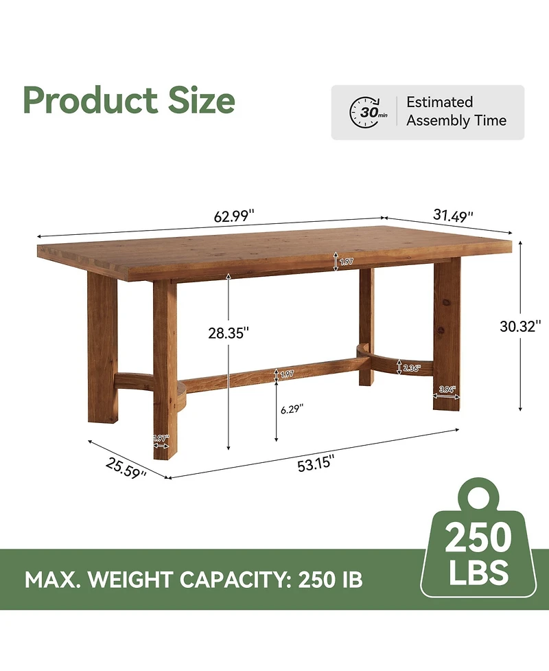 Tribesigns 63" Solid Wood Dining Table for 4-6, Farmhouse Rectangle Kitchen Table with Thicken Tabletop and Sturdy Construction, Wooden Dinner Ta