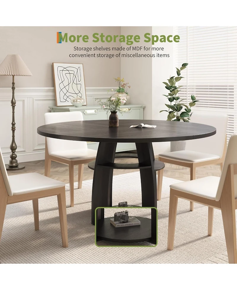 gaomon 47" Modern Farmhouse Round Dining Table for 4-6, Wood Kitchen Table with Storage Shelf and Adjustable Feet, Easy Assembly for Dining Room.