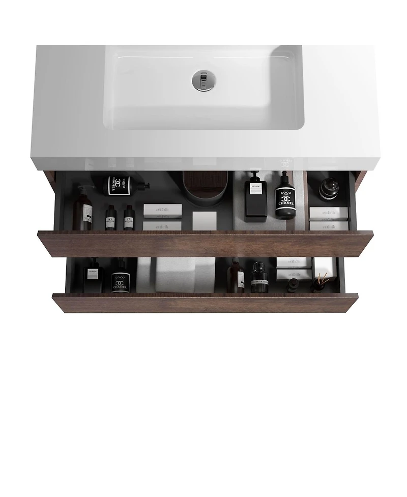 Thirtypeachy 30" Walnut Melamine Floating Vanity With Basin Sink, 3 Soft-Close Drawers Handle-Free, Pre-Assembled