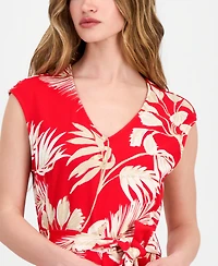 Anne Klein Essentials Petite Printed V-Neck Tie-Waist Jumpsuit
