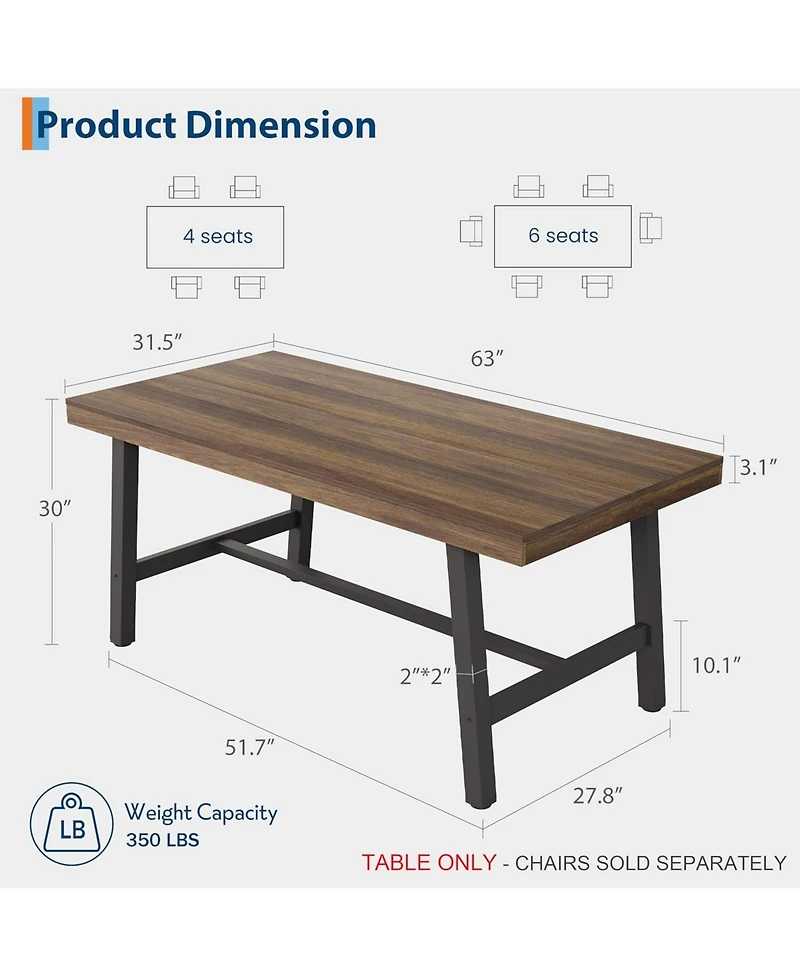 gaomon Industrial Dining Table for 4-6 People, 63" Long Large Kitchen Table with Sturdy Metal Frame, Rectangular Counter.