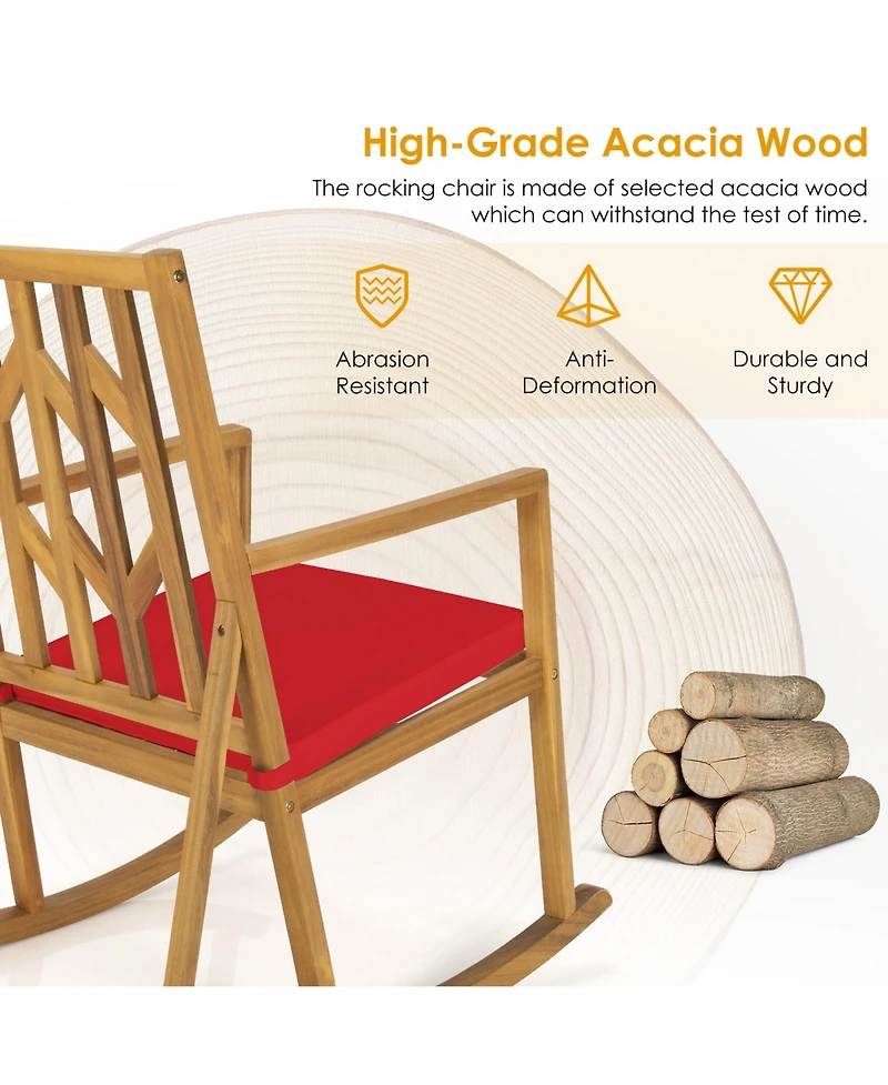Gymax Set of 2 Outdoor Acacia Wood Rocking Chair Wooden Patio Rocker w/ Cushion
