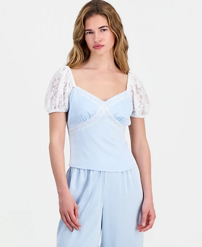 And Now This Petite Satin Lace Puff-Sleeve Top, Macy's Exclusive