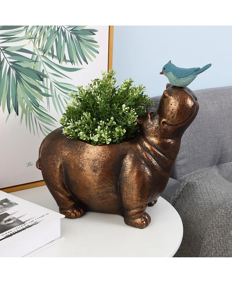 LuxenHome Brown Hippo and Blue Bird MgO Flower Pot Planter