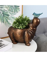 LuxenHome Brown Hippo and Blue Bird MgO Flower Pot Planter