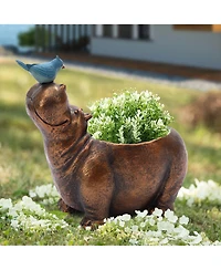 LuxenHome Brown Hippo and Blue Bird MgO Flower Pot Planter