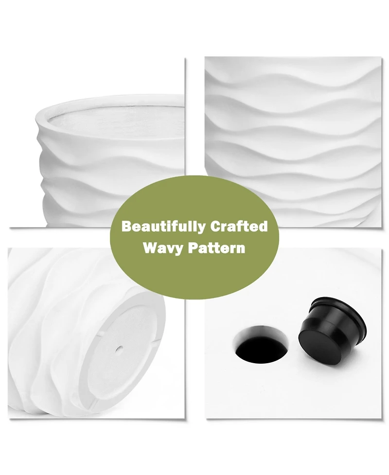 LuxenHome 17.4-Inch Round Waves MgO Planter, White