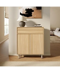 LuxenHome 31.5” Hazel Oak Manufactured Wood Storage Cabinet with Drawer and Rubberwood Legs
