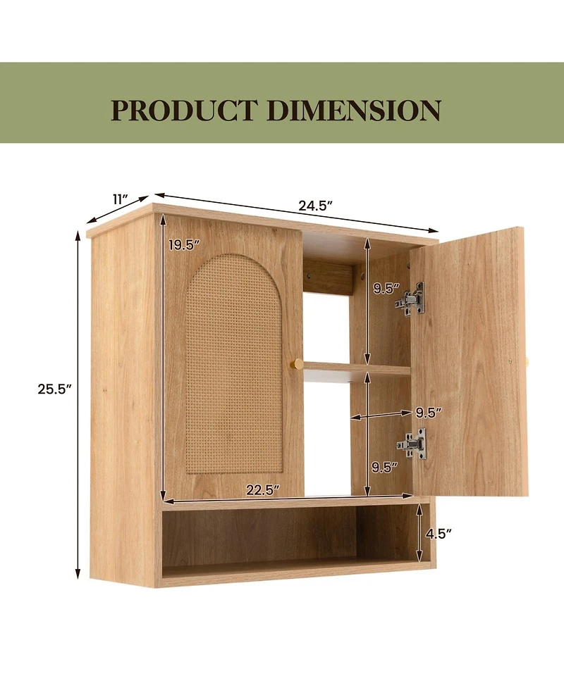 Yigii Bathroom Wall Cabinet with 2 Rattan Doors Open Shelf Heavy Duty Storage for Kitchen Living Room Entryway