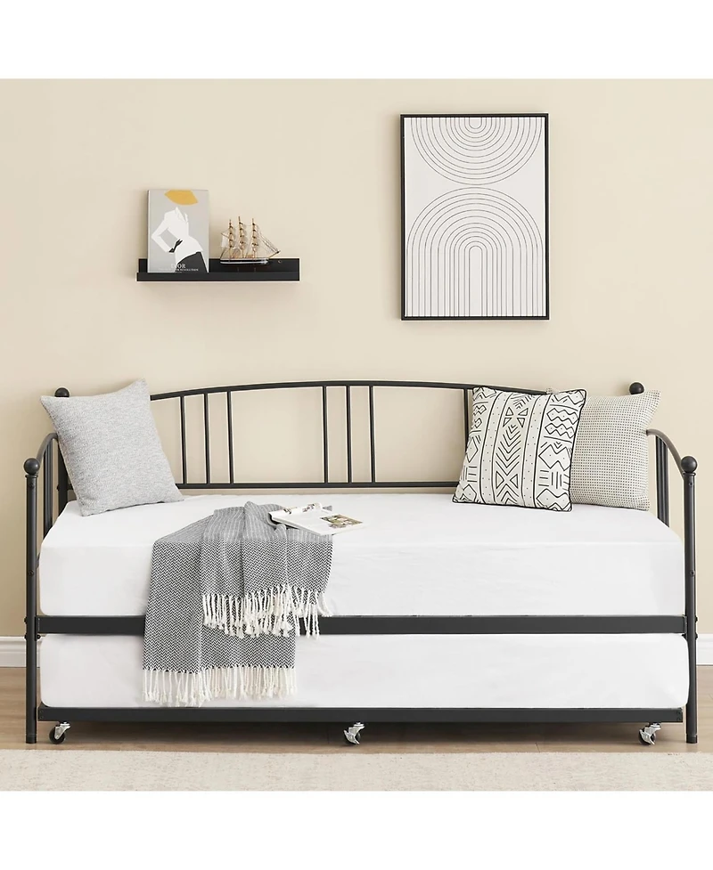 gaomon Twin Metal Daybed with Trundle, Pullout Trundle Bed with Casters, Steel Slat Support Sofa Bed for Bedroom,Guest Room
