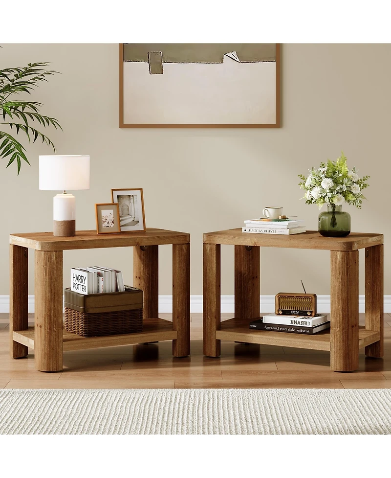 Tribesigns Solid Wood End Table Set of 2, Farmhouse Side Table with 2-Tier Storage Shelf, Rectangle Bedside Nightstand, Accent Nightstand