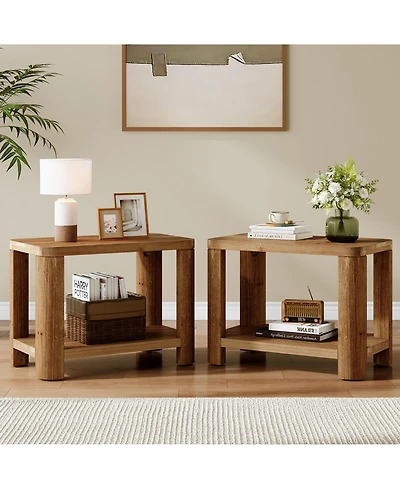 Tribesigns Solid Wood End Table Set of 2, Farmhouse Side Table with 2-Tier Storage Shelf, Rectangle Bedside Nightstand, Accent Nightstand