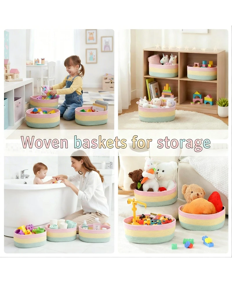 Yigii 3 Pastel Rainbow Unicorn Woven Rope Storage Baskets
