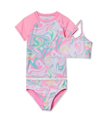 Lands' End Girls Chlorine Resistant Short Sleeve Rash Guard 3 Piece Swimsuit Set