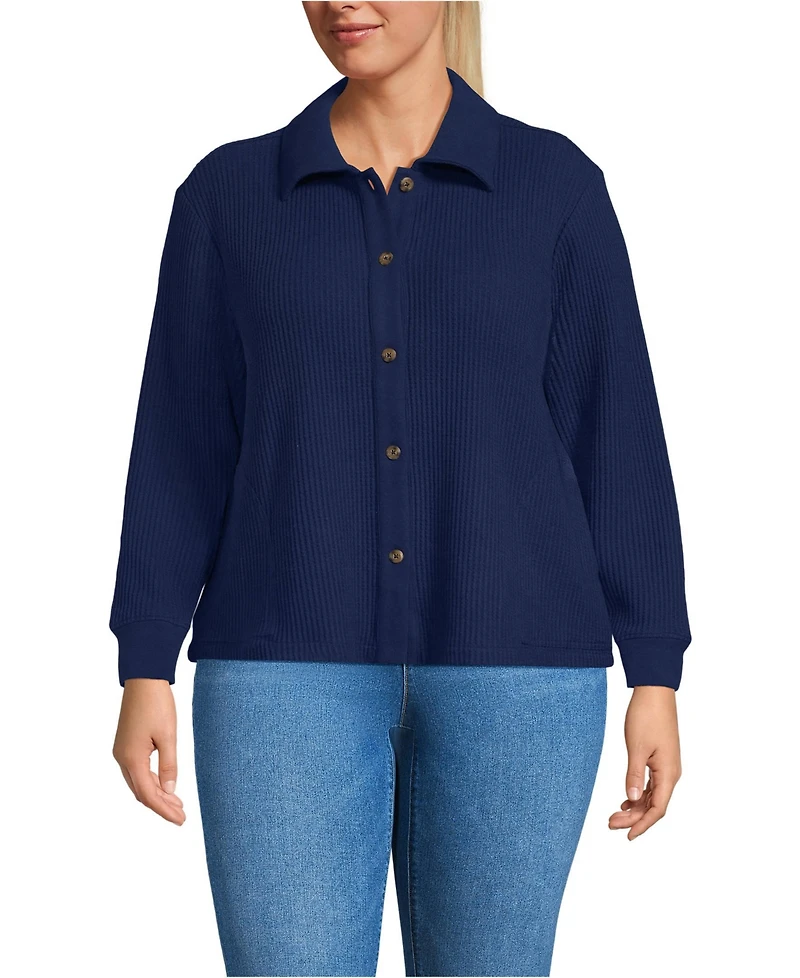 Lands' End Women's Plus Long Sleeve Waffle Collared Shacket