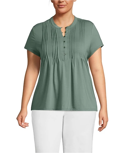 Lands' End Plus Lightweight Jersey Button Pintuck Top