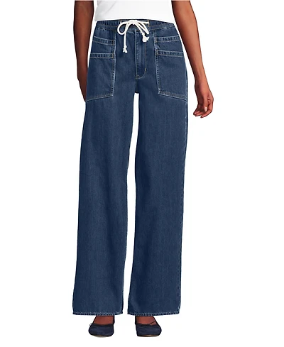 Lands' End Petite Lightweight Denim High Rise Relaxed Straight Pull On Pocket Jeans