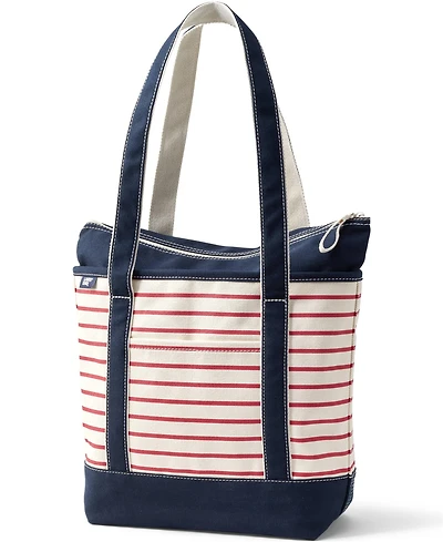 Lands' End Medium Print 5 Pocket Zip Top Long Handle Canvas Tote Bag