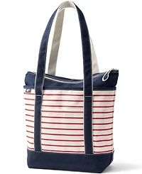 Lands' End Medium Print 5 Pocket Zip Top Long Handle Canvas Tote Bag