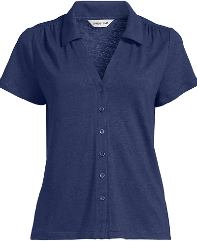 Lands' End Women's Linen Blend Short Sleeve Button Front Polo Top