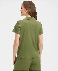 Lands' End Women's Linen Blend Short Sleeve Button Front Polo Top