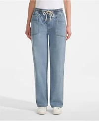 Lands' End Petite Lightweight Denim High Rise Relaxed Straight Pull On Pocket Jeans