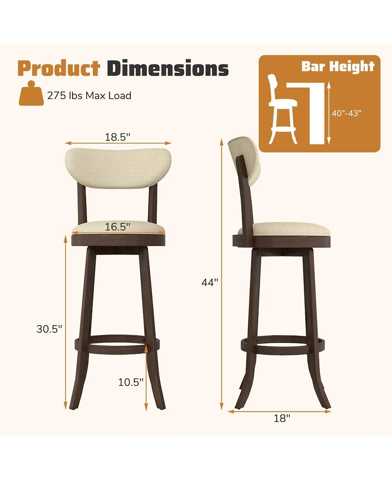 Gymax 30.5'' Bar Height Chairs Set of Swivel High Barstool w/ Padded Seat and Backrest