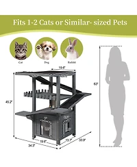 Zeus and Ruta 4 Tiers Outdoor Cat House Weatherproof Tree Tower With Waterproof Roof 2 Doors Multi Level Play
