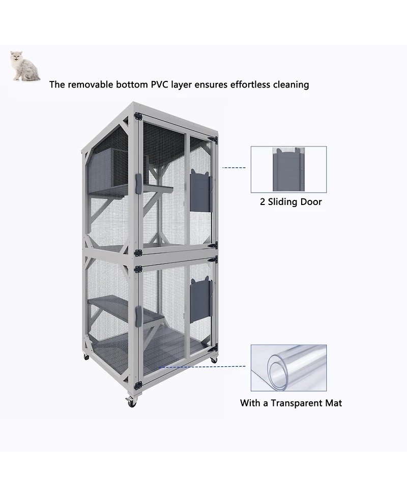 Zeus and Ruta Large Outdoor Cat Enclosure Catio With Wheels Multi Level Wooden Cat House With Platforms Lockable Doors
