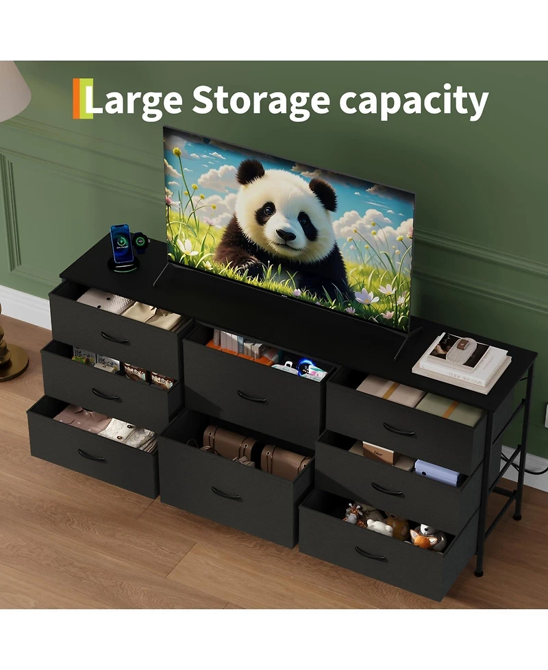 gaomon 63" Tv Stand Dresser with 8 Fabric Drawers for TVs up to 75", Storage Organizer Wooden Top and Metal Frame