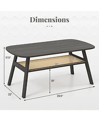 Slickblue Rectangular Coffee Table 2 Tier Rattan Shelf Rubber Wood Legs