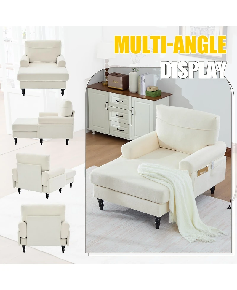 Rainsken Oversized Chaise Lounge Chair, Chenille Leisure Recliner Single Sofa with Wooden Legs and Side Pockets for Living Room, Bedroom