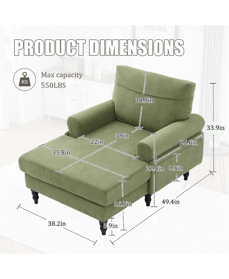 Rainsken Extra Large Leisure Chaise Lounge Recliner, Soft Chenille Single Sofa Chair with Wood Legs and Side Pockets for Living Room and Bedroom