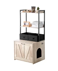 Aostirmotor Cat Litter Box Enclosure Furniture Hidden with 2 Shelves and 2 Baskets, Indoor Litter Box Cabinet