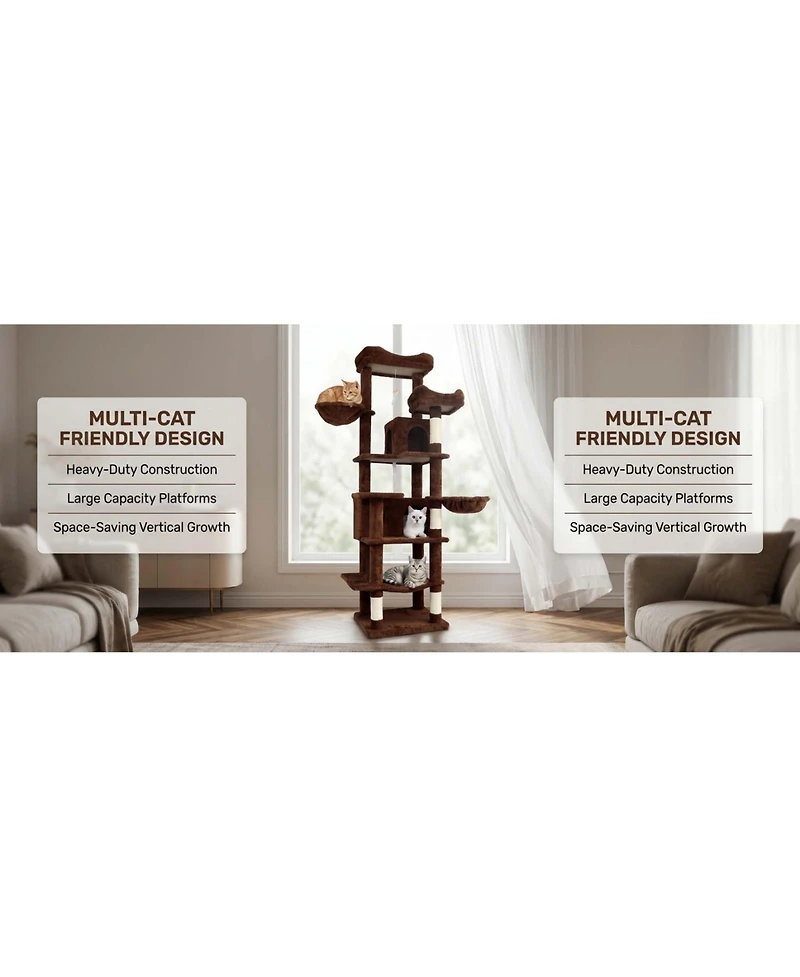 Aostirmotor 68" Cat Tree with Hammocks, Hanging Basket, Cat Cave and Scratching Posts, Plush Cat Tower for Indoor Cats