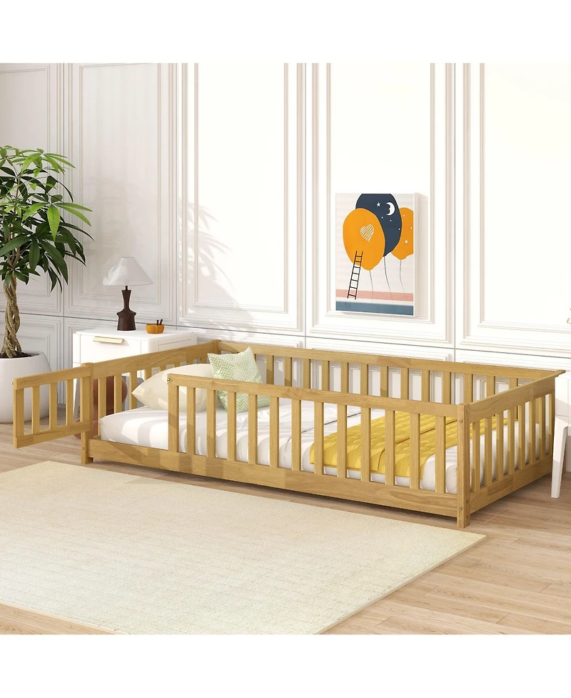 Clihome Twin Size Floor Bed with Fence and Door,Rubber Wood Floor Bed with Safety Guardrails